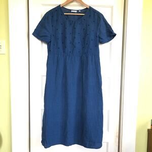 Russ Berens Linen Short Sleeve Midi Dress M Blue Embroidered Langenlook 90s Y2K